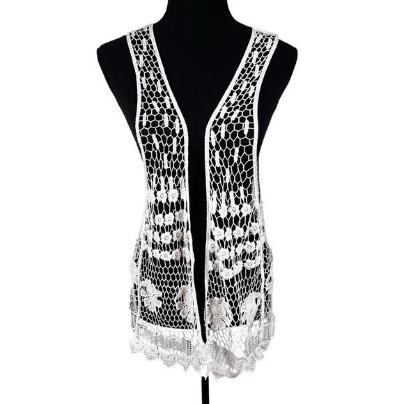 Crochet Lace Vest XL Open Front Cream Floral Boho Festival Duster Cardigan Nabee - Picture 1 of 16